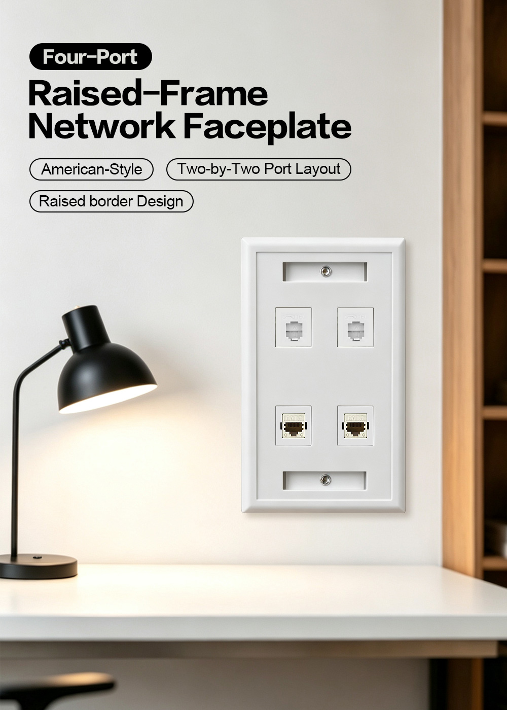 American-Style Four-Port Raised-Frame Network Faceplate
