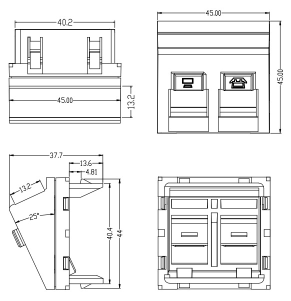 45×45mm Dual-Port Angled Modular Data Insert